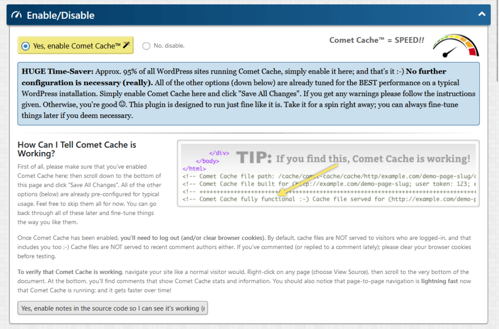 yes enable comet cache button