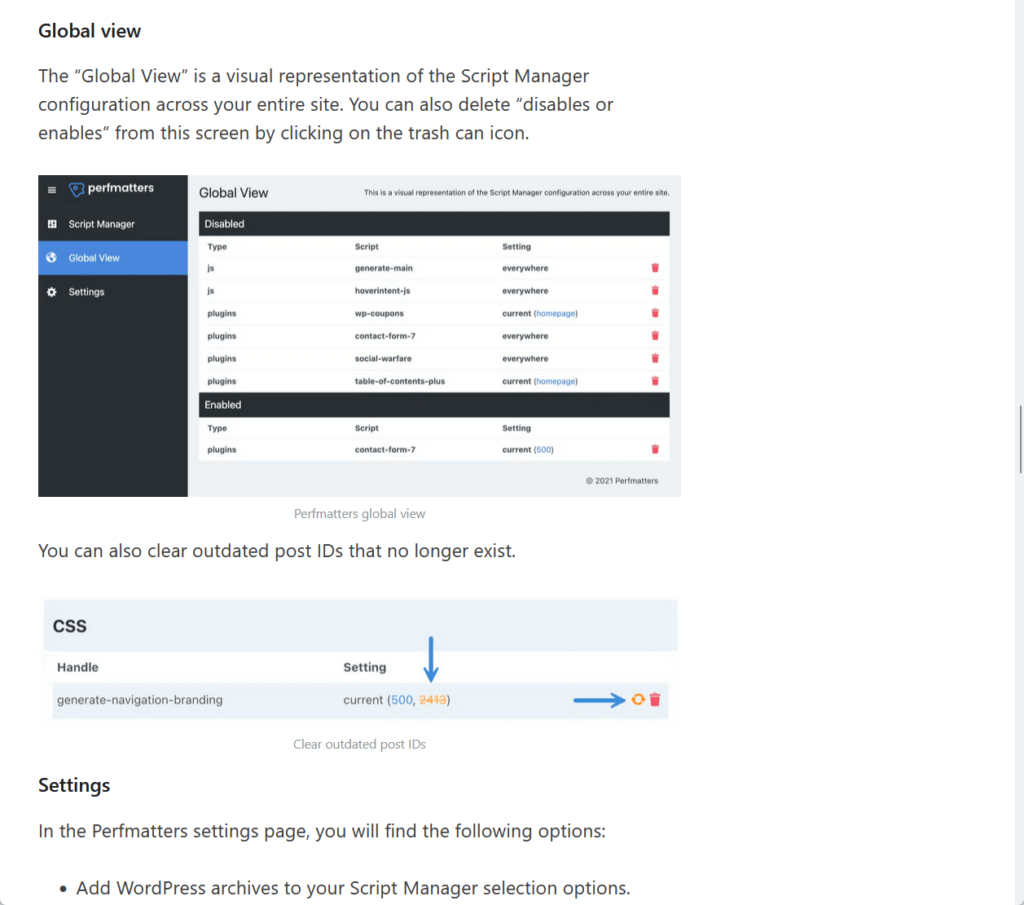 example documentation page from perfmatters