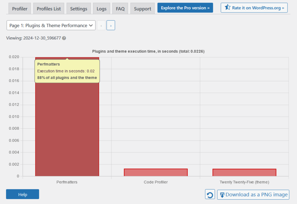 perfmatters code profiler backend results