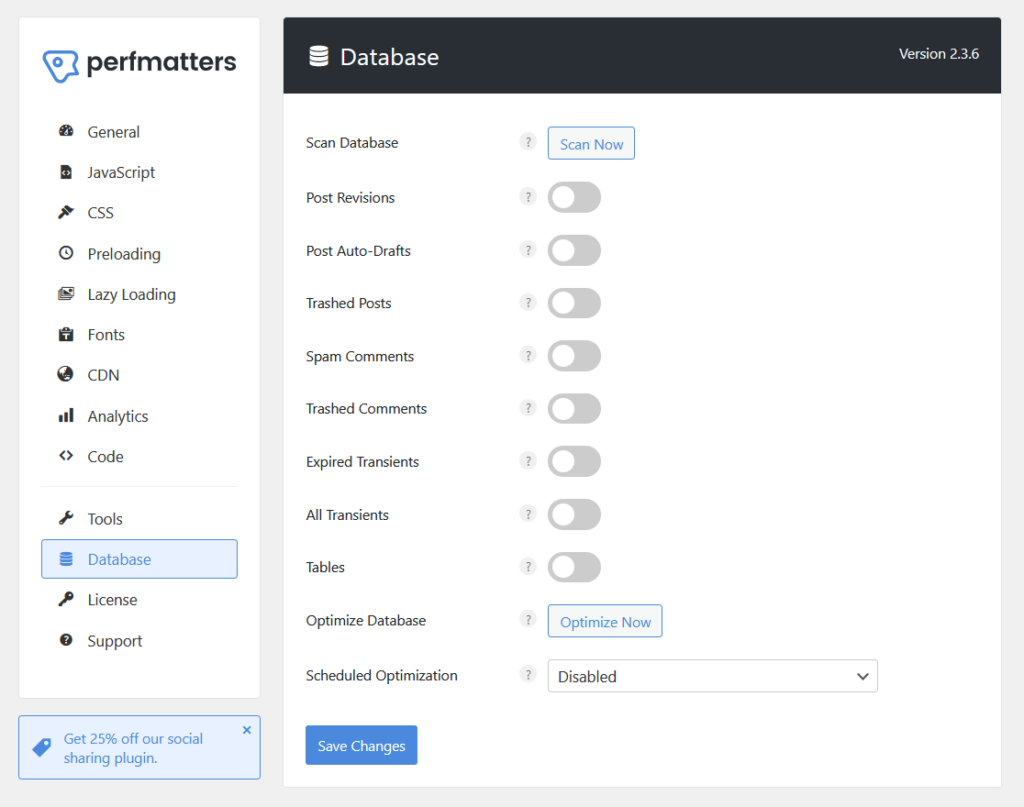 perfmatters database settings page
