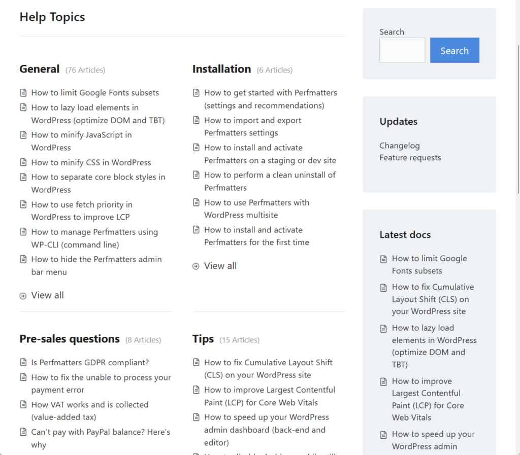 perfmatters documentation homepage