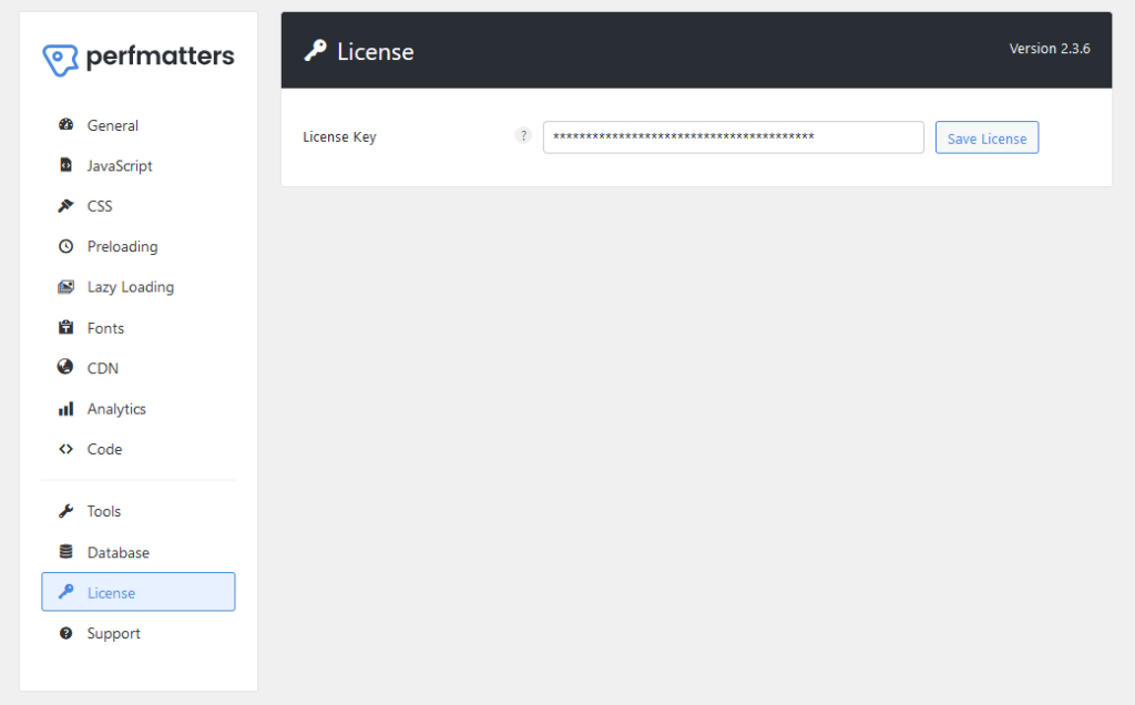perfmatters license page