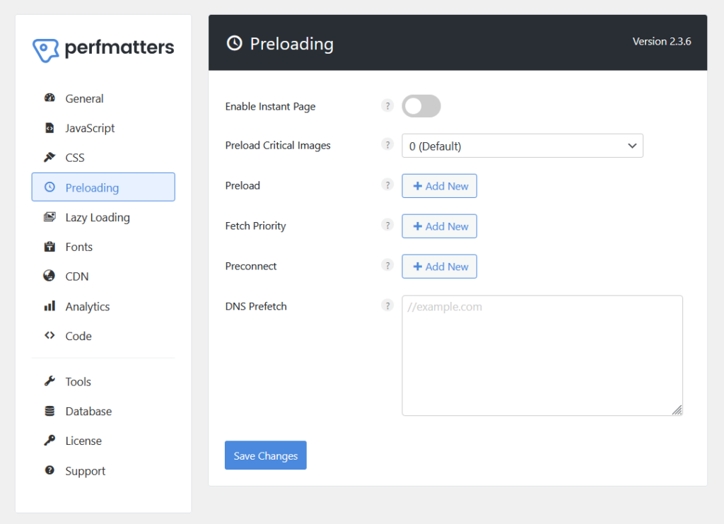 perfmatters preloading settings