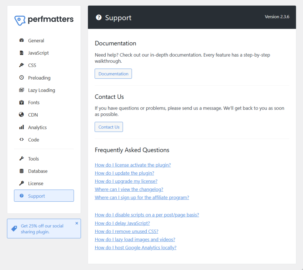 perfmatters support page on the plugin