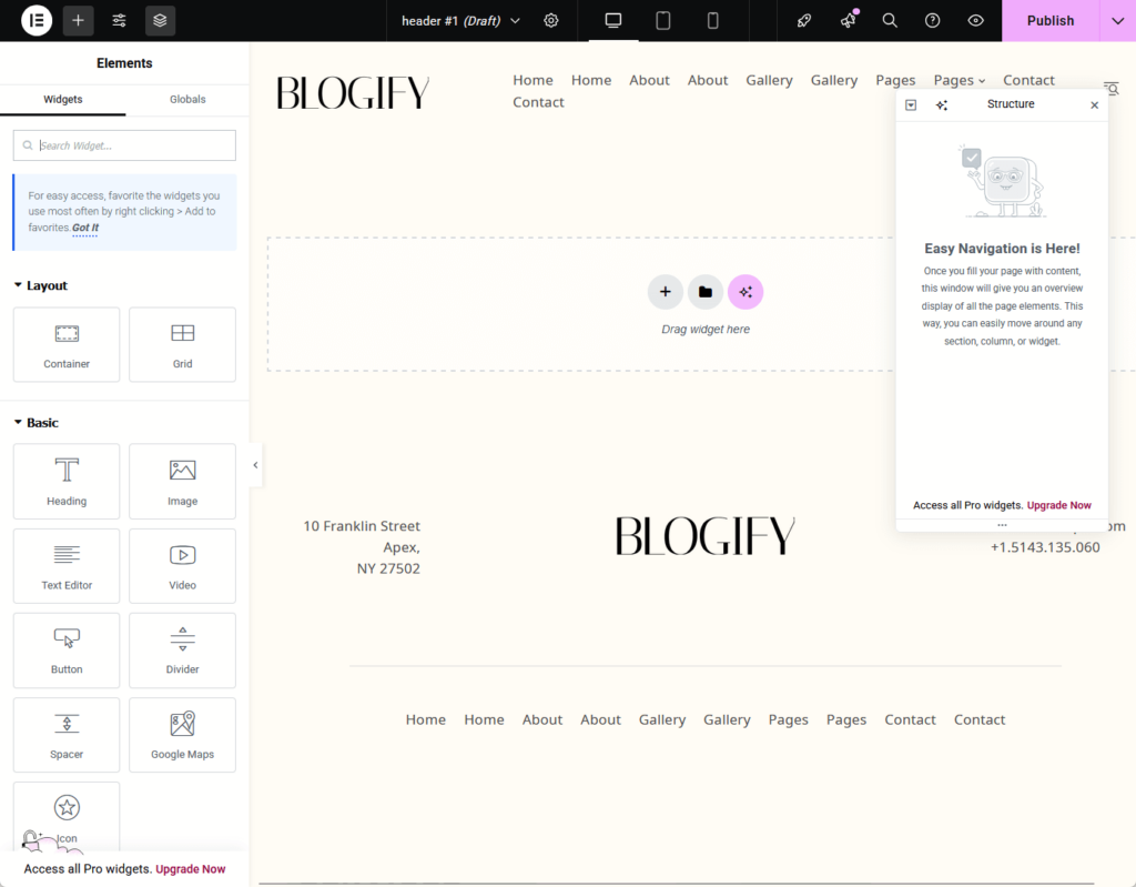 creating a new header template in solace opens elementor