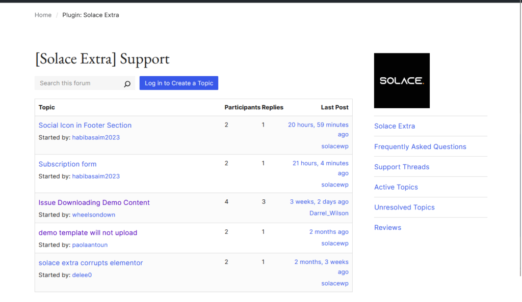 solace extra support page on wordpress