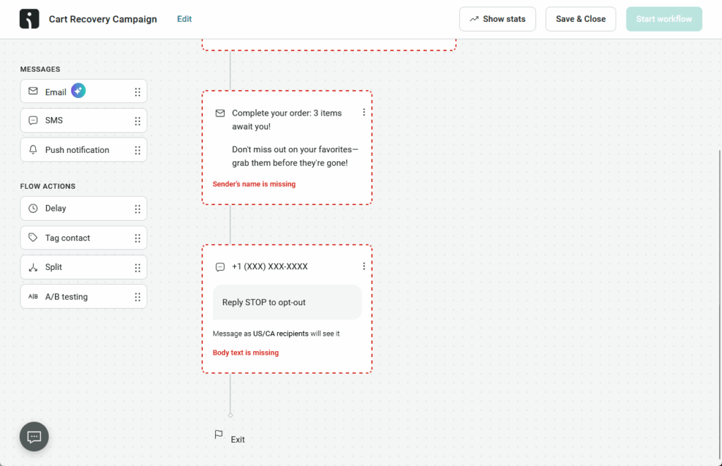 cart recovery workflow with email and sms in omnisend
