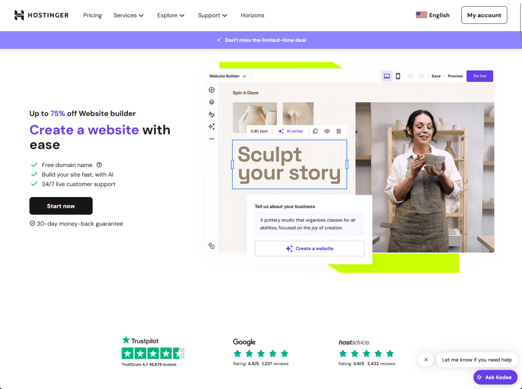 The Hostinger AI website builder in action