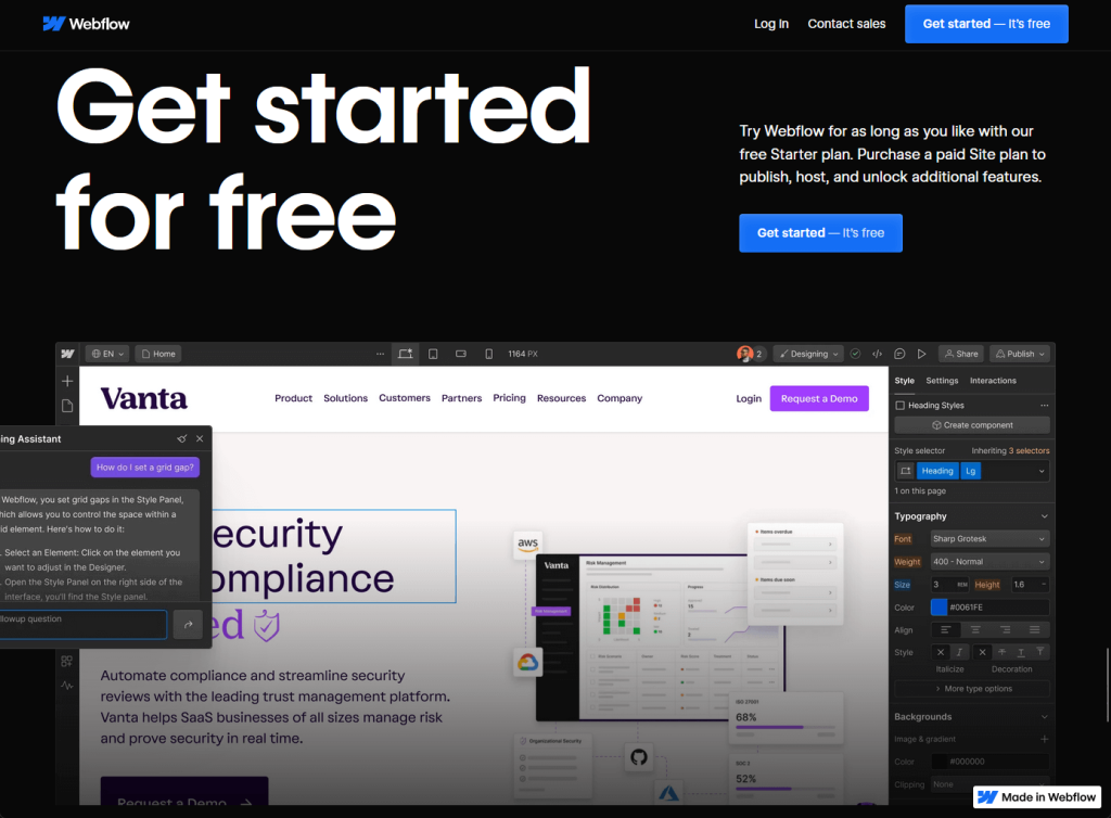 Webflow's AI Assistant inside the visual designer