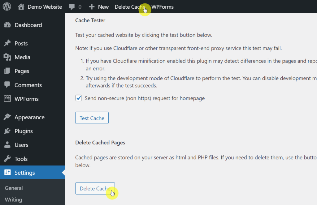 With the WP Super Cache plugin, find the delete cache button in the plugin's contents settings