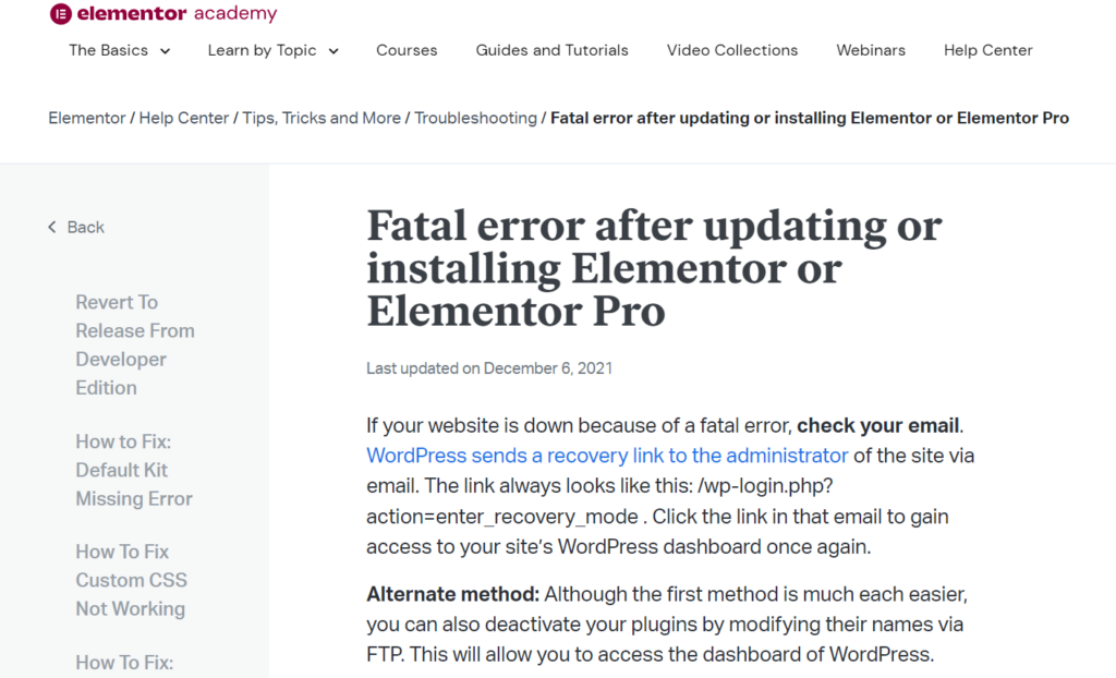 Fatal error after updating or installing Elementor or Elementor Pro