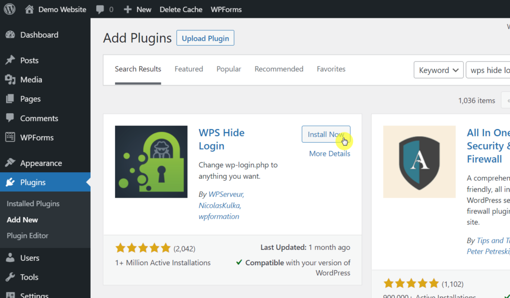 Search for WPS Hide Login and click on the install now button