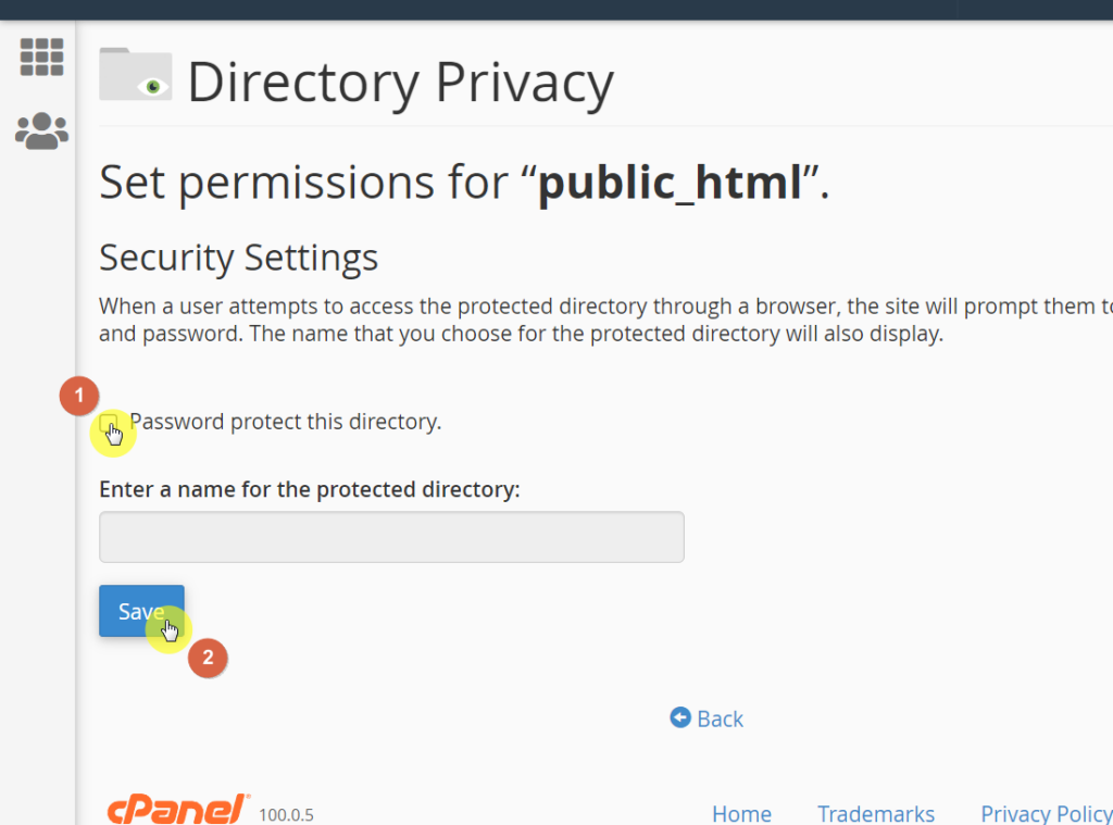 Uncheck the option to password protect the directory and hit the save button