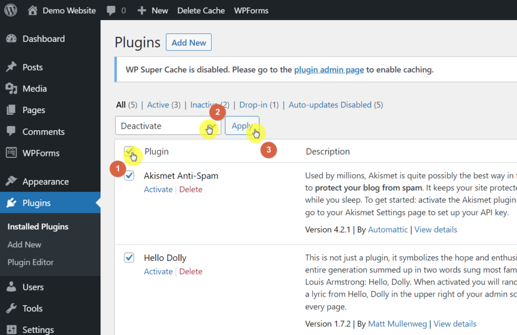 Click on the select all checkbox on the plugins column and apply the deactivate option