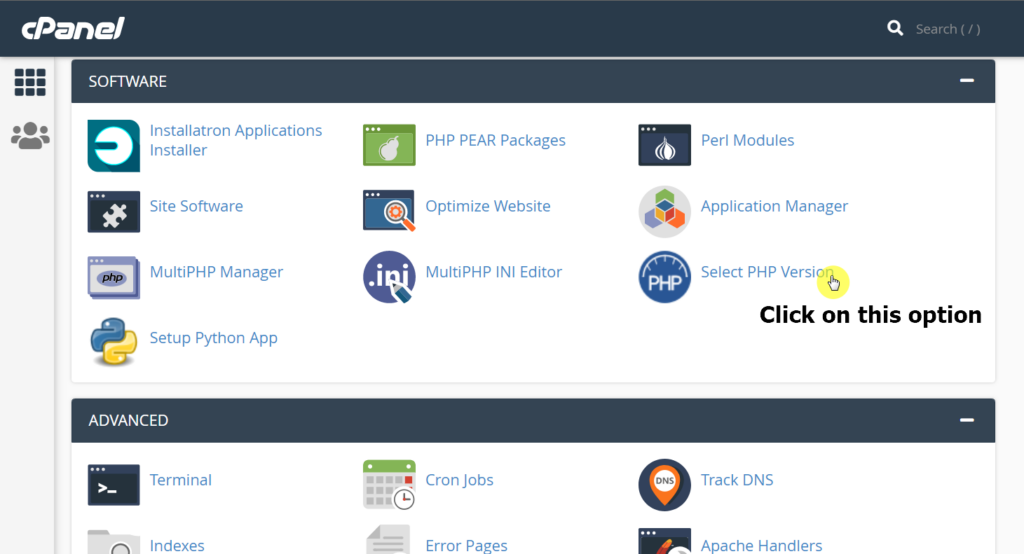 Find the select PHP version feature on the cPanel