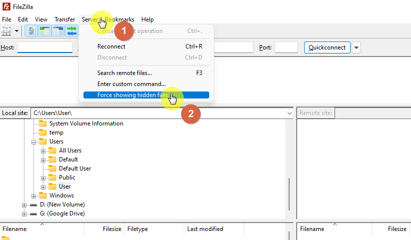 See hidden files on FileZilla by enabling the force showing hidden files feature