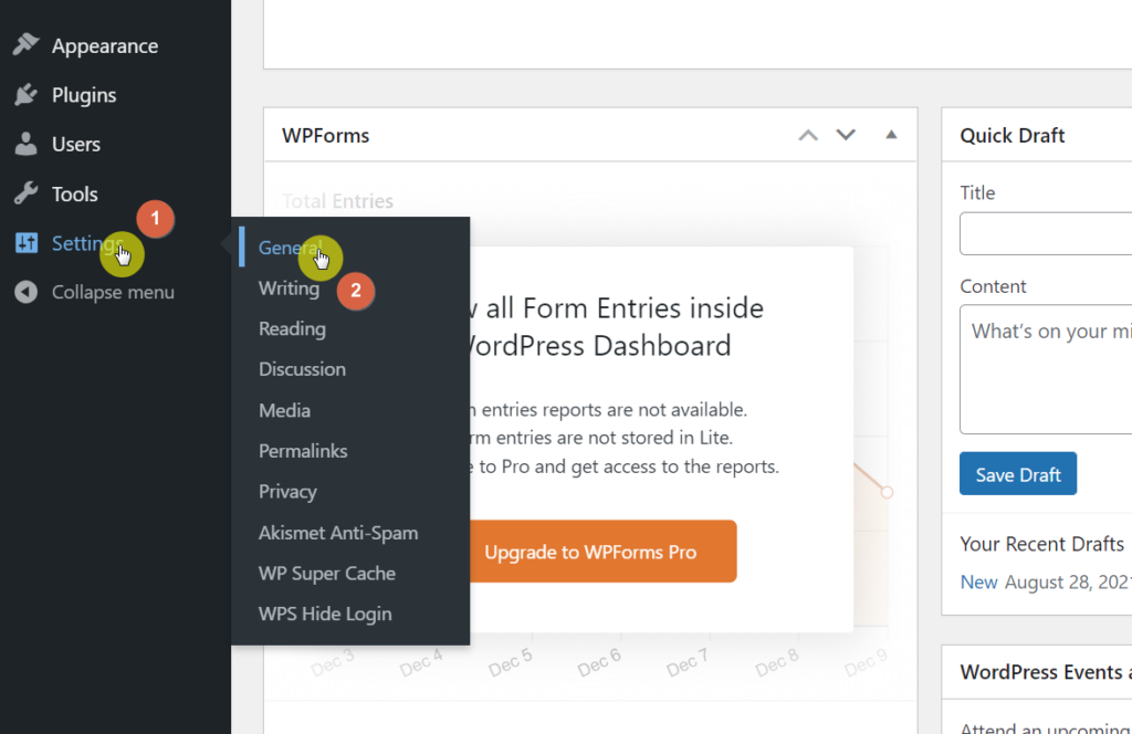 Hover your mouse first on the settings menu and then click on the general option