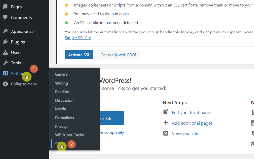 Hover your mouse over to settings and select SSL from the options