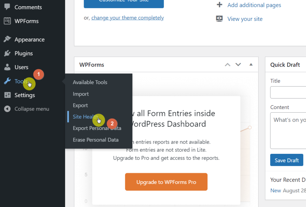 Hover your mouse over the tools menu and select site health