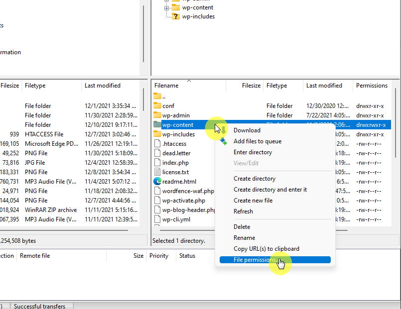 With an FTP client, right-click on the wp-content folder and choose the file permissions option