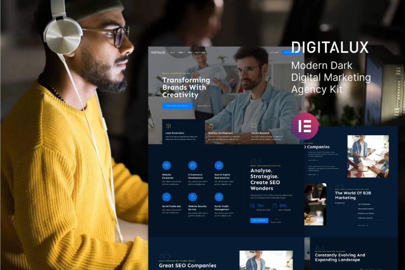 Digitalux - Modern Dark Digital Marketing Agency Elementor Template Kit