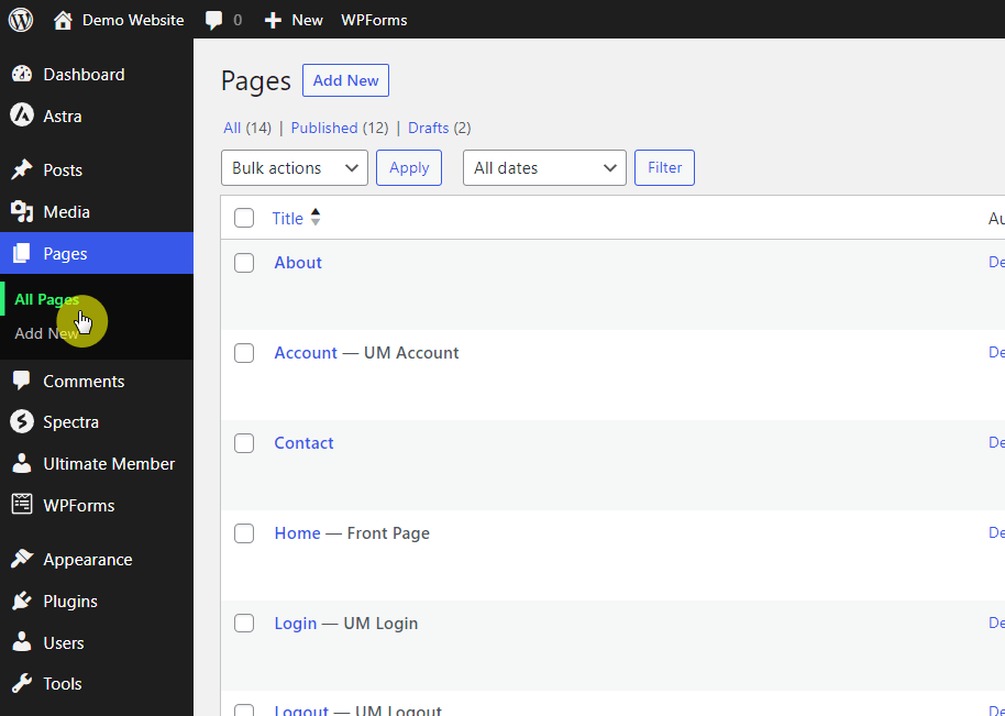 see all the pages created on your WordPress site