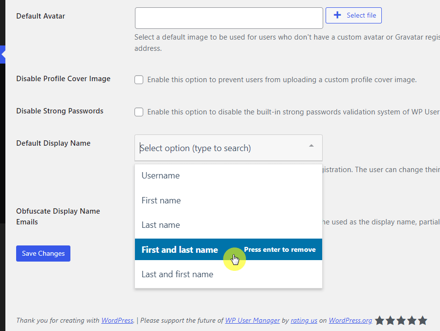 change the default display name to first and last name