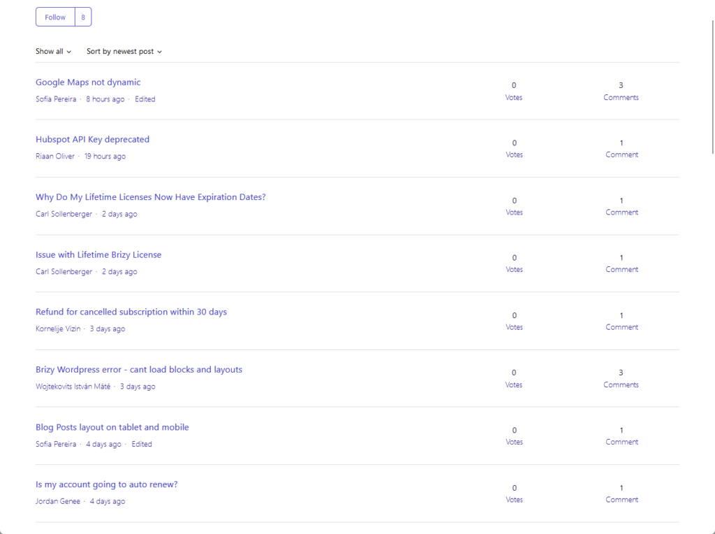 at least one reply per post on the brizy forum