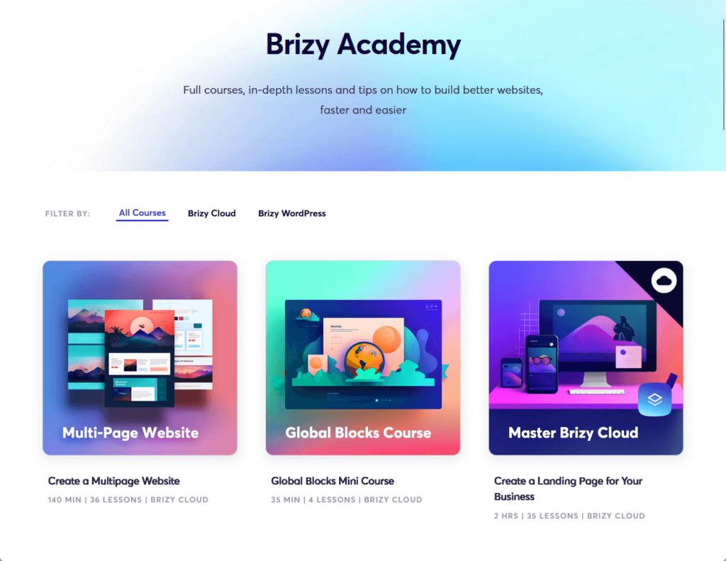 full courses, in-depth lessons, and more from the brizy academy
