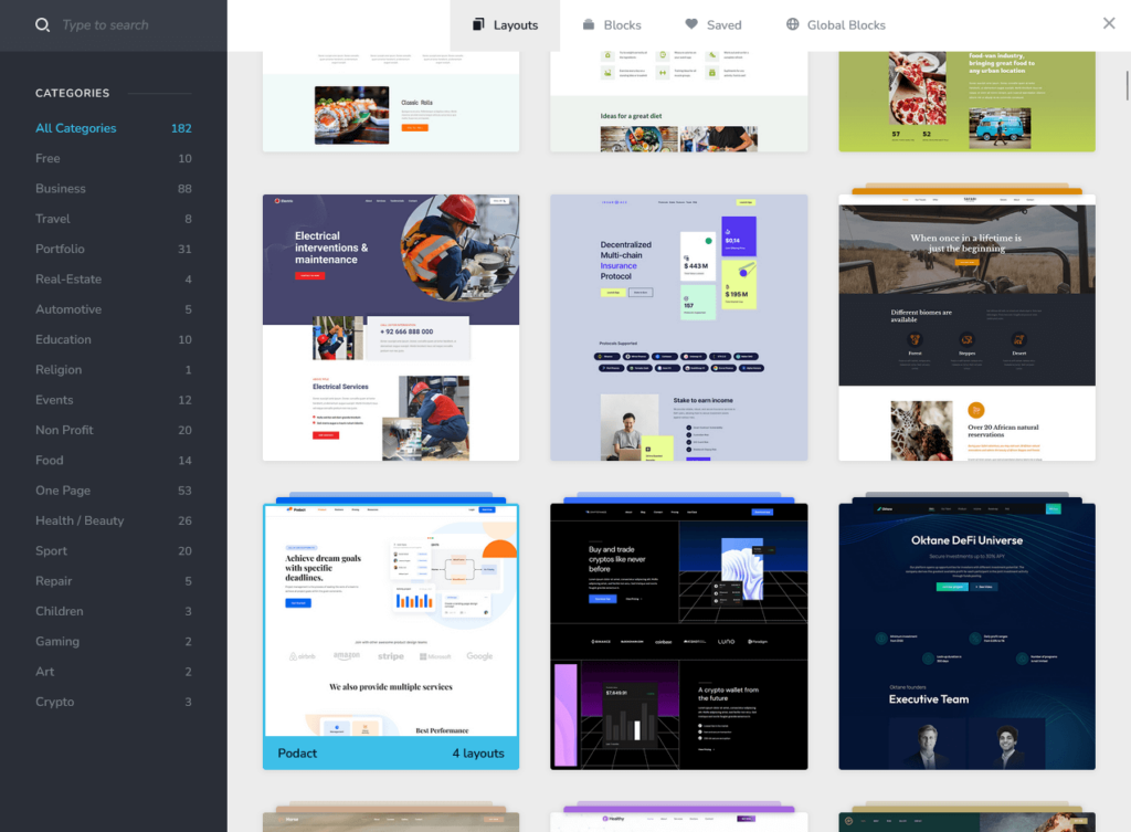almost 200 premade brizy layouts grouped by categories