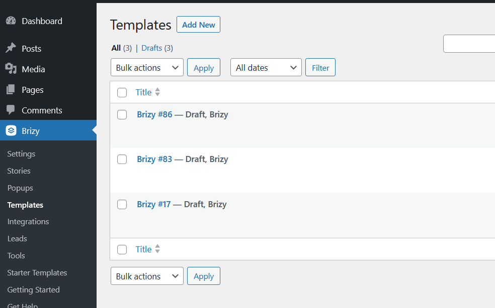 create a new template using brizy
