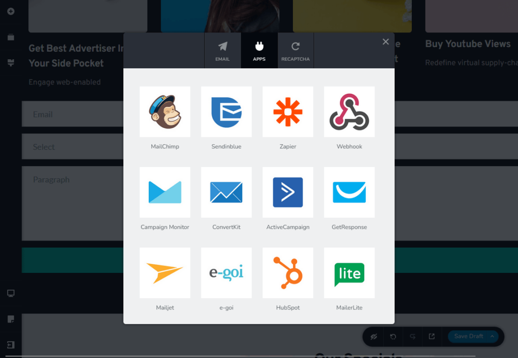 available integration options of the form element