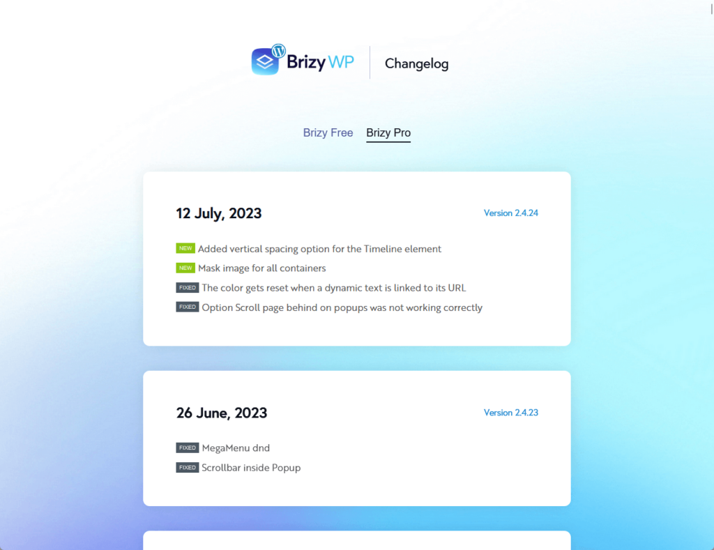 changelog page for brizy pro