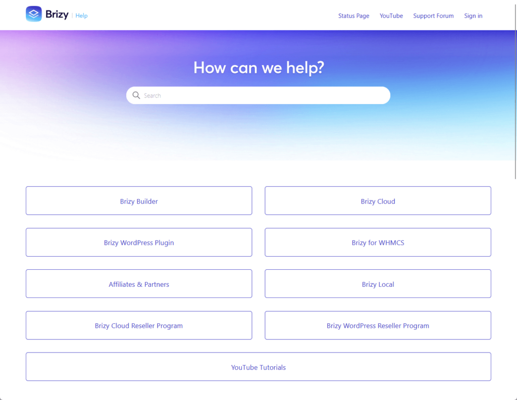 topics in the support documentation of brizy