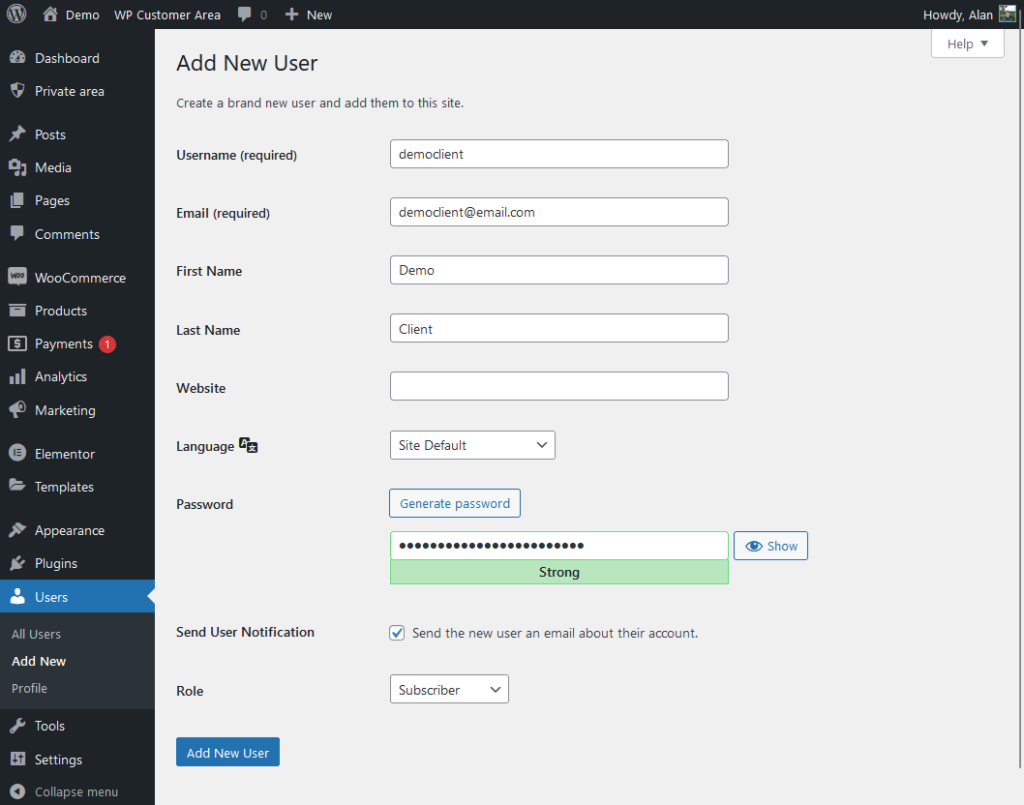 create a brand new account for the demo client user