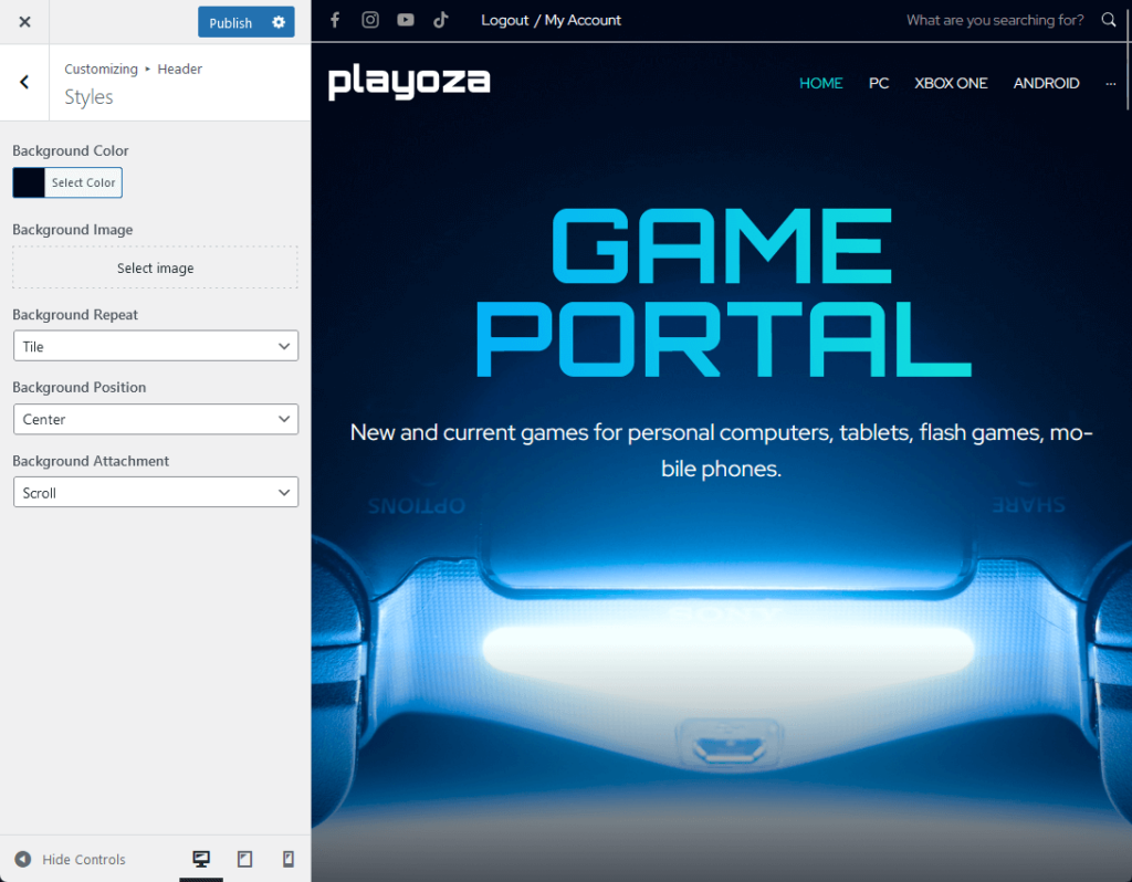 header settings customizer options in monstroid2