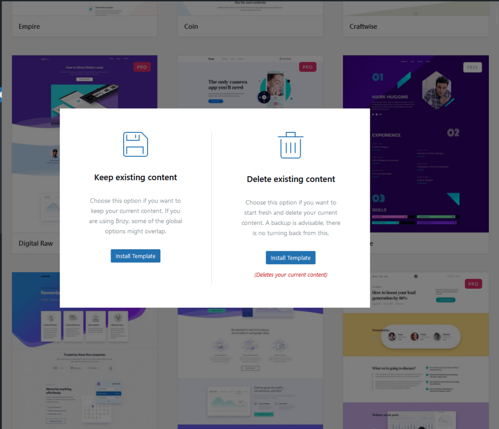 keep existing content or delete existing content