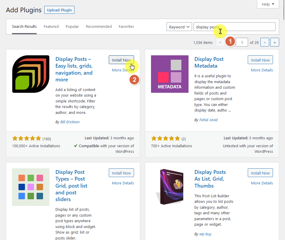 search for the display posts plugin