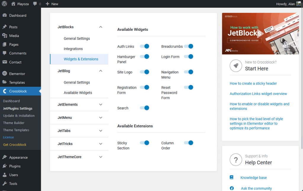 available widgets and extensions for jetblocks