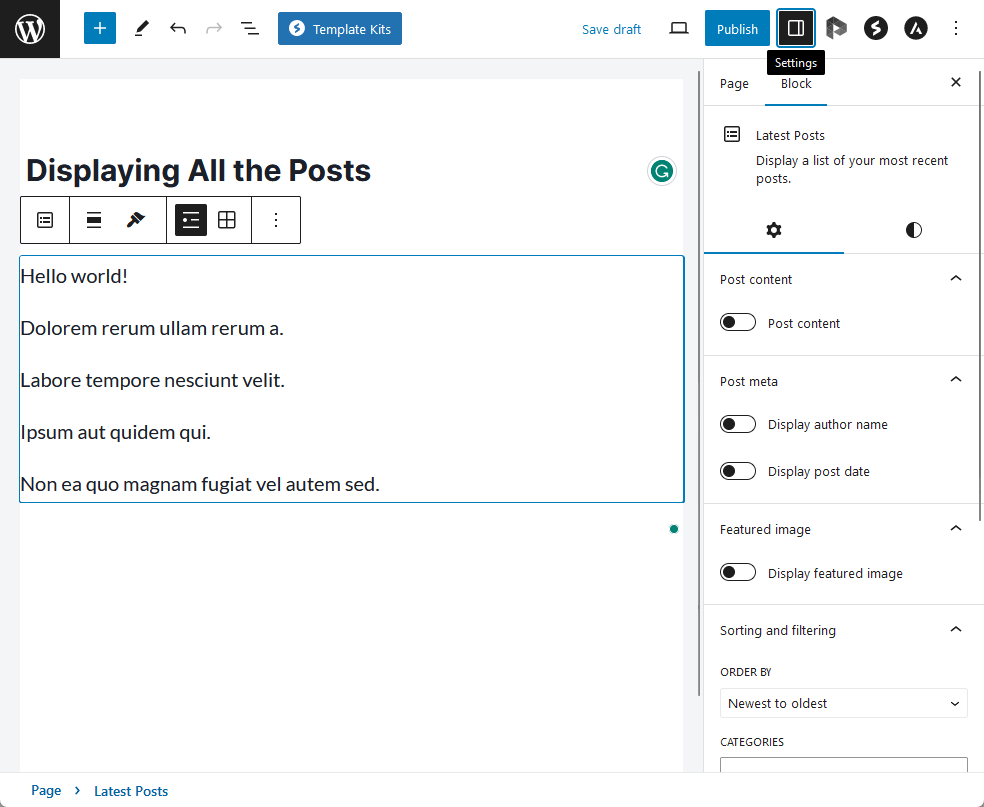 the block settings panel of the latest posts block