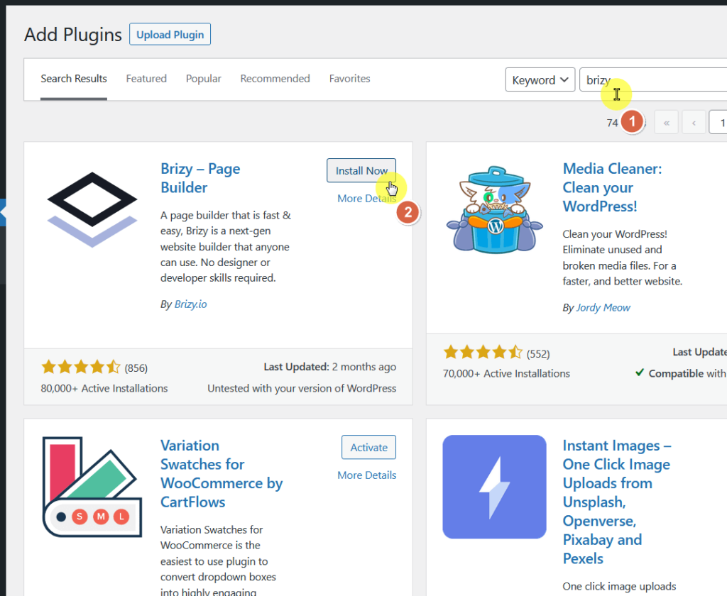 search, install, and activate the free brizy plugin