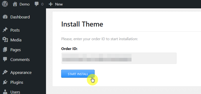 enter the order id to start the installation process
