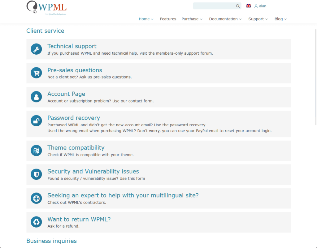 page that lists down client support services that wpml offers