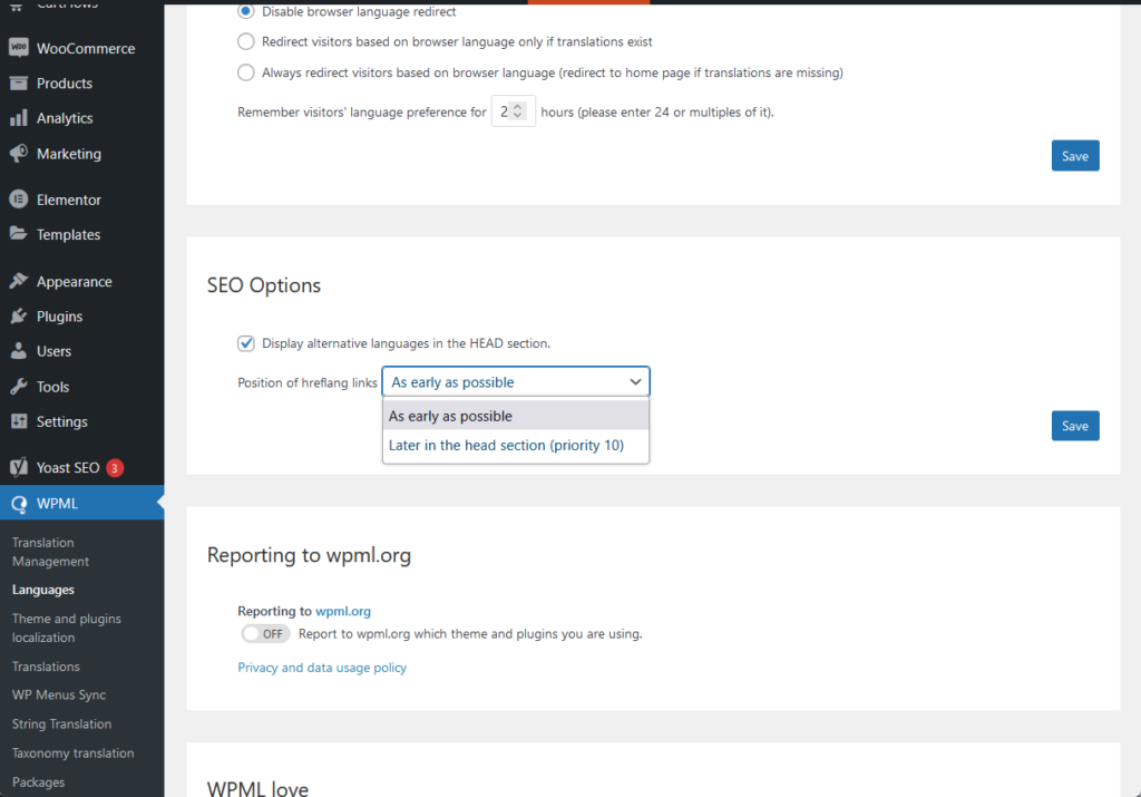 position of hreflang links in seo options of wpml