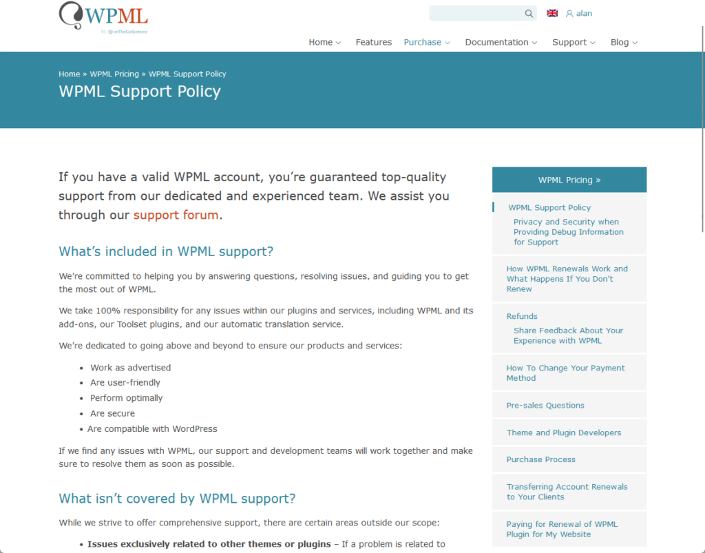 page that explain’s wpml’s support policy