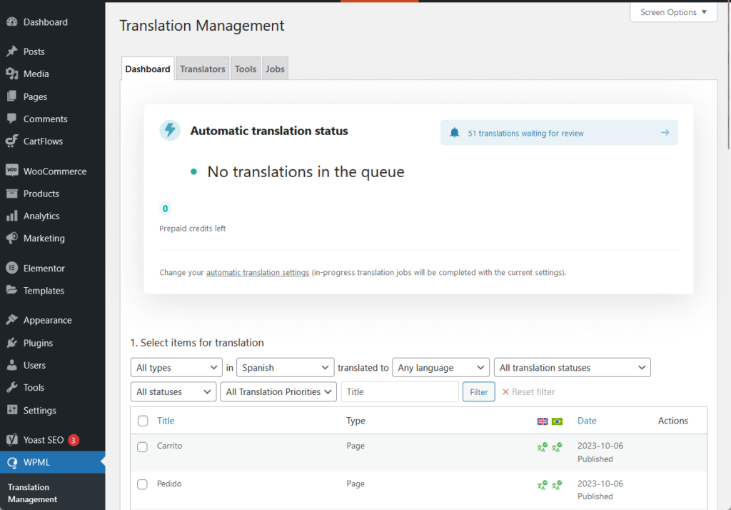 dashboard view of the wpml translation management