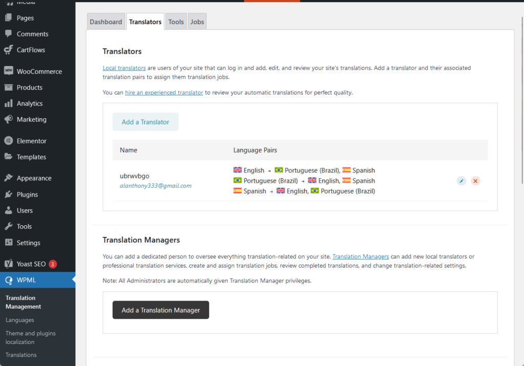 translators settings in the translation management