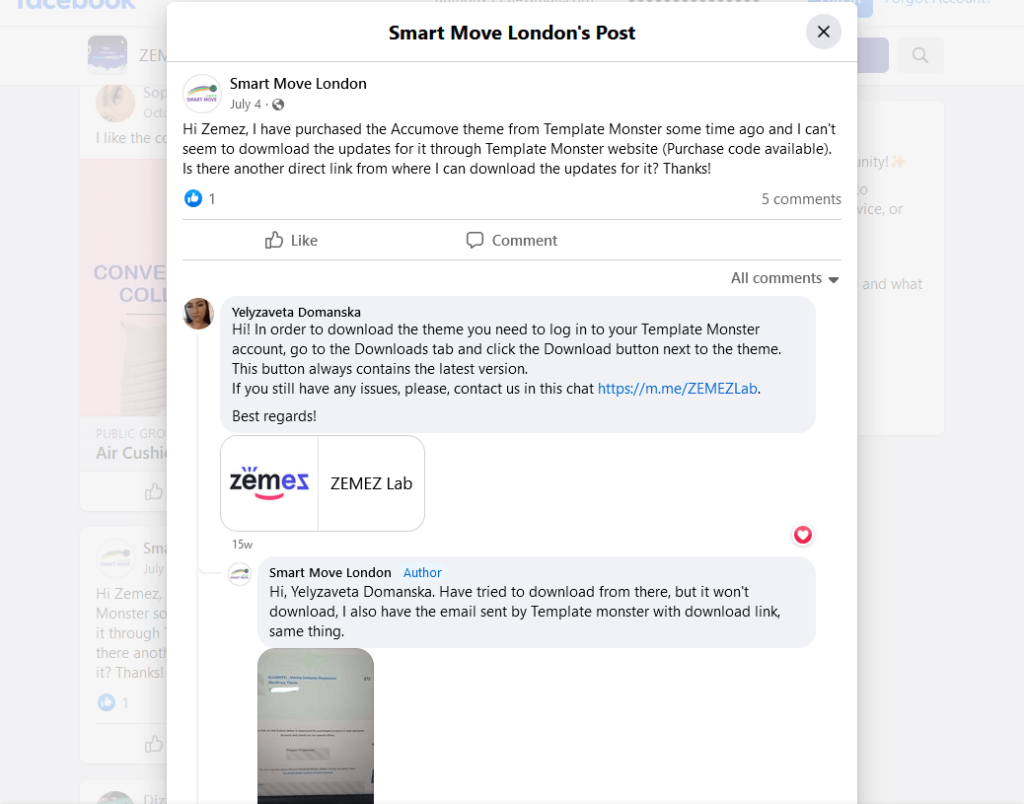 zemez support answering a question on their fb group