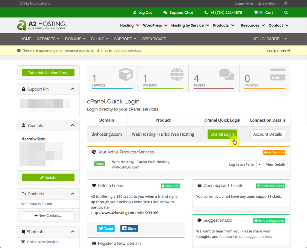 cpanel quick login button from the client area