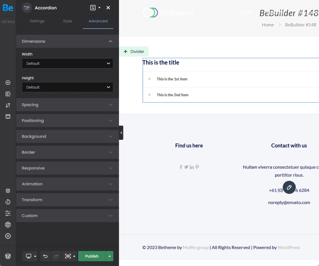 advanced settings for the betheme accordion element